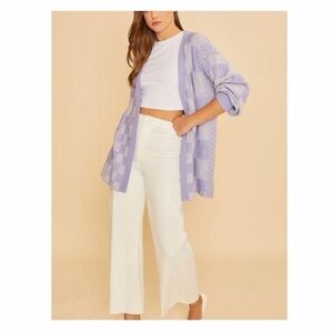 Anniewear Checkered Drop Shoulder Cardigan Sweater In Lavender